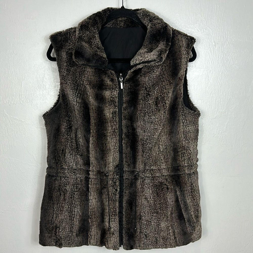 Giacca Faux Fur Full Zip Brown & Black High Neck Reversible Vest Size M